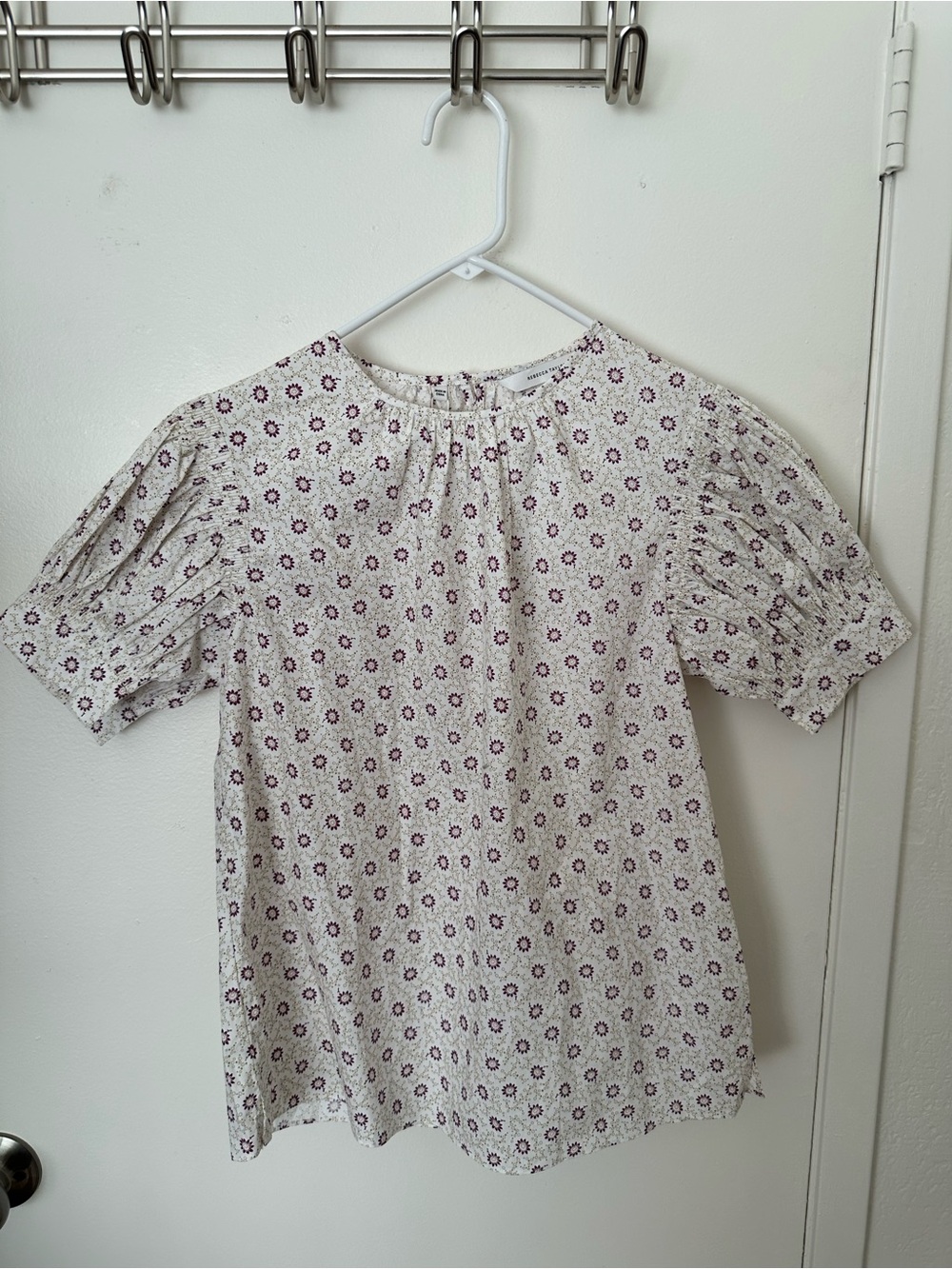 Rebecca Taylor Floral Puff-Sleeve Top — Cream with Purple Floral Print